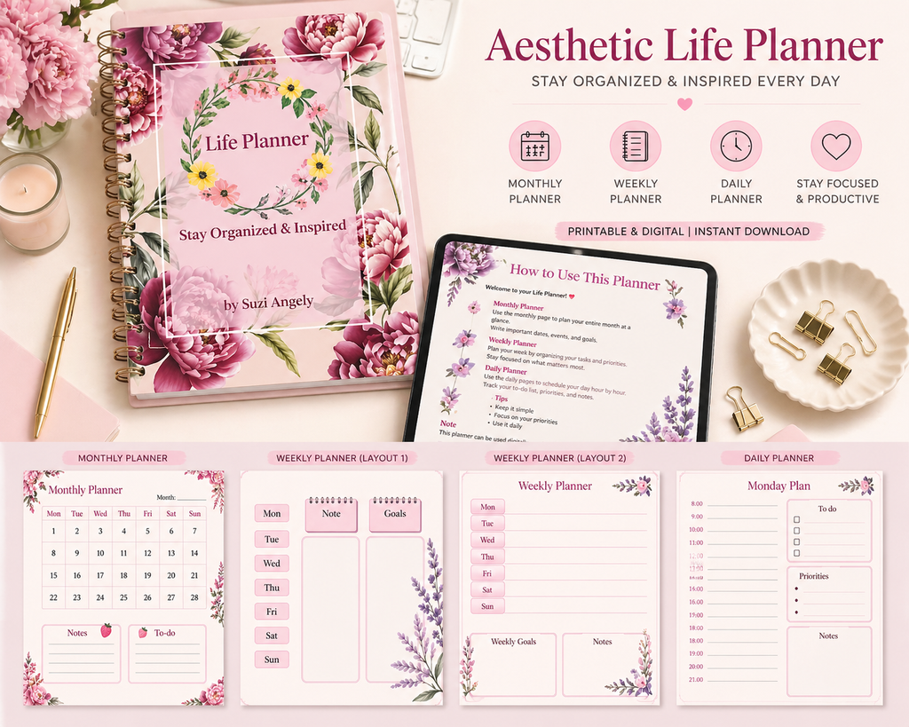 Aesthetic Pink Life Planner | Daily, Weekly & Monthly Planner | Printable PDF | Digital Planner