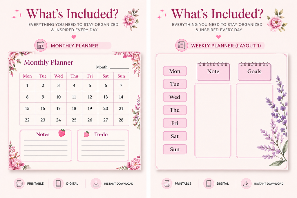 Aesthetic Pink Life Planner | Daily, Weekly & Monthly Planner | Printable PDF | Digital Planner
